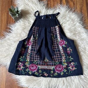Free People High Neck Embroidered Tank Navy